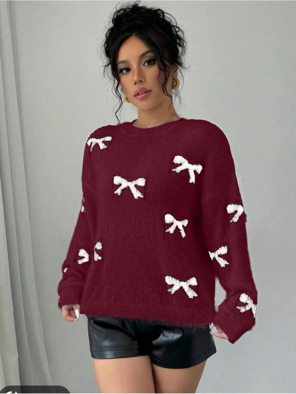 SHEIN Maroon Knit Sweater with White Bow Accents